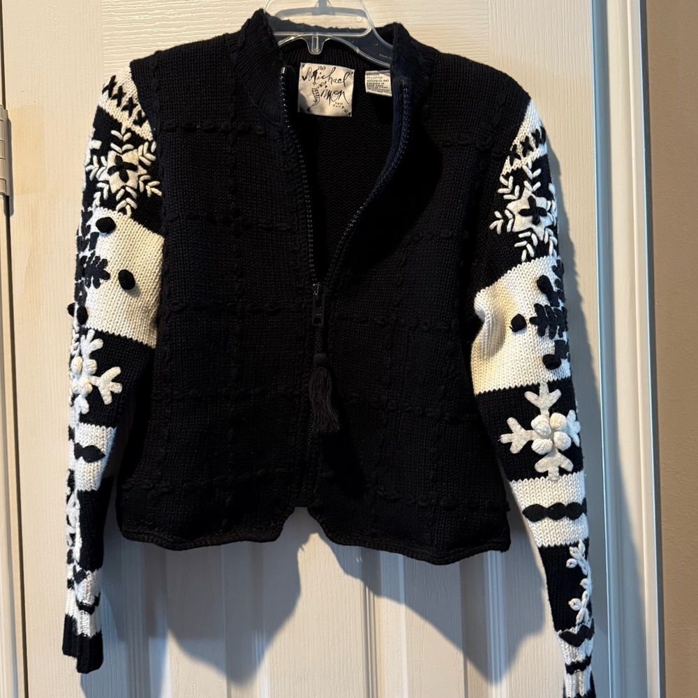Michael Simon Black White Winter Snowflake Knit Zip Sweater Jacket Vintage Rare